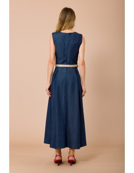 Vestido Longo Sem Mangas Com Cinto Na Cintura E Saia Evasê Maryley