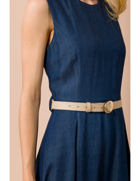 Vestido Longo Sem Mangas Com Cinto Na Cintura E Saia Evasê Maryley