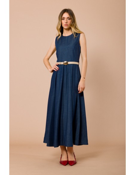 Vestido Longo Sem Mangas Com Cinto Na Cintura E Saia Evasê Maryley