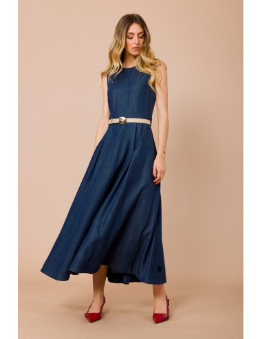 Vestido Longo Sem Mangas com Cinto na Cintura e Saia Evasada Maryley