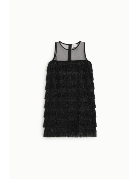 Vestido curto com inserções de franjas e tule Dixie
