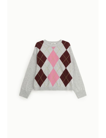 Camisola Decote Redondo Padrão Argyle Manga Longa Dixie