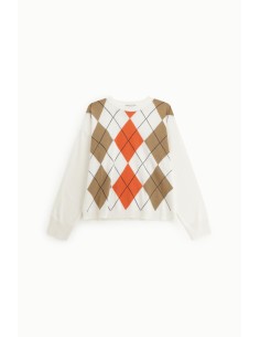 Camisola de gola redonda com padrão argyle, manga comprida Dixie