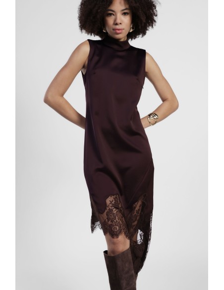 Vestido sem mangas com gola alta e acabamento em renda Dixie