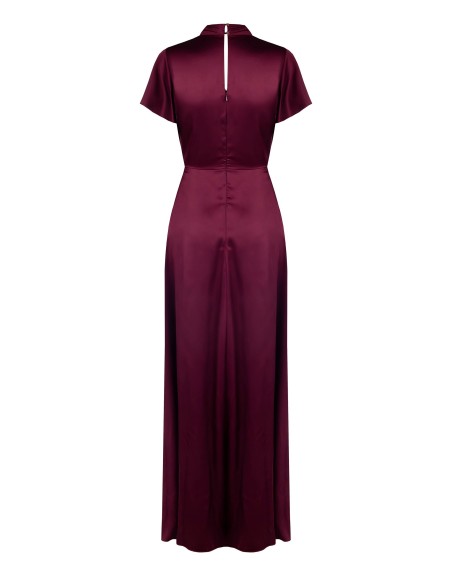 Vestido longo em cetim com decote em V cruzado amarrado na cintura Rinascimento