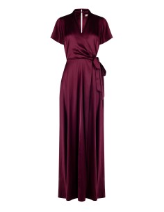 Vestido longo em cetim com decote em V cruzado e amarração na cintura Rinascimento