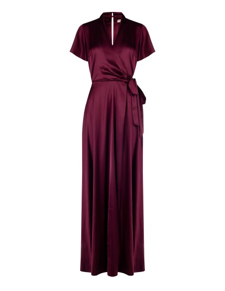 Vestido longo em cetim com decote em V cruzado e amarração na cintura Rinascimento