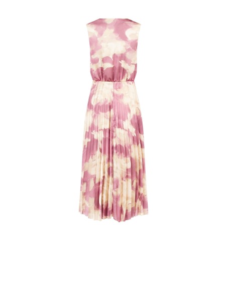 Vestido midi em cetim com flores esbatidas plissê com decote em V cruzado Rinascimento