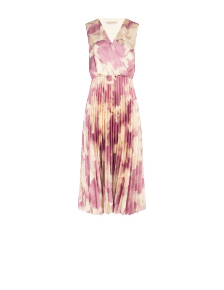 Vestido midi em cetim plissado, com flores em degradé e decote em V cruzado Rinascimento