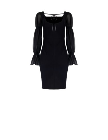 Vestido Curto Tubinho em Scuba Crepe com Mangas em Georgette Rinascimento