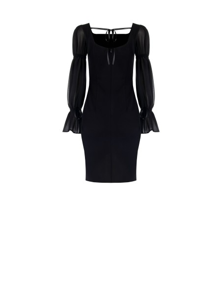 Vestido Curto Tubinho em Scuba Crepe com Mangas em Georgette Rinascimento