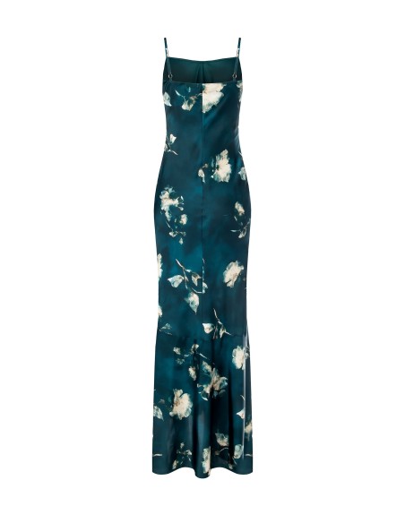 Vestido longo corte sereia em cetim com estampado floral Rinascimento