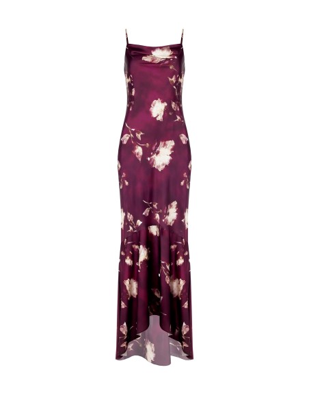 Vestido longo corte sereia em cetim floral Rinascimento