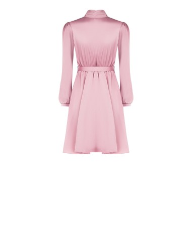 Vestido curto evasê em cetim com cinto rígido, logo e laço ao pescoço Rinascimento