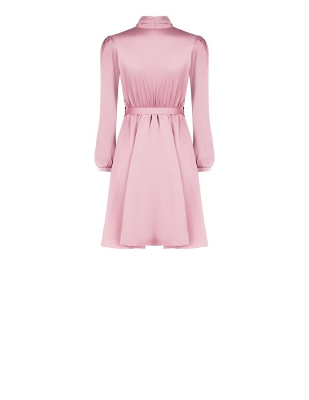 Vestido curto evasê em cetim com cinto rígido, logo e laço ao pescoço Rinascimento