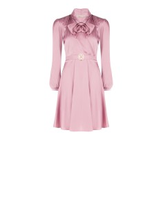 Vestido curto evasê em cetim com cinto rígido, logótipo e laço no pescoço Rinascimento