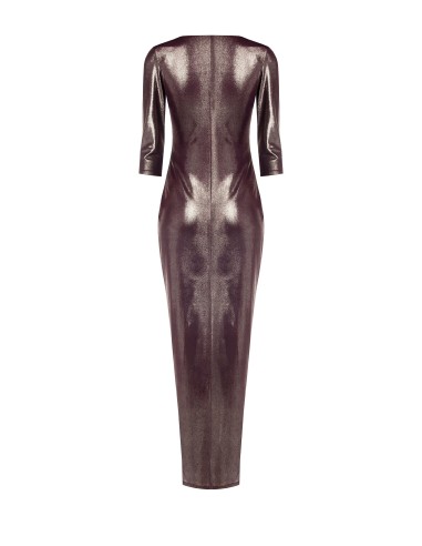 Vestido longo acetinado drapeado com detalhe de joia e decote em V Rinascimento