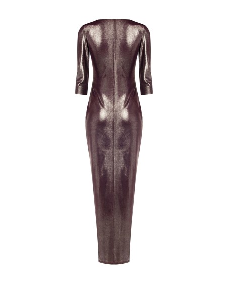 Vestido longo acetinado drapeado com detalhe de joia e decote em V Rinascimento