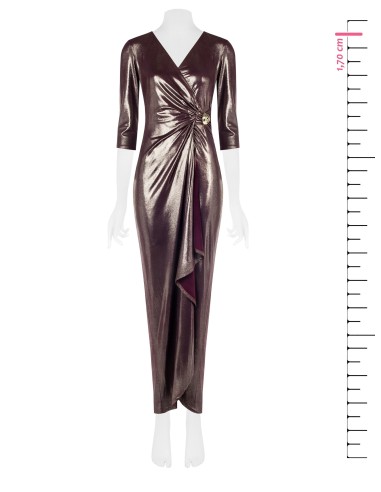 Vestido longo satinado drapeado com detalhe de joia e decote em V Rinascimento