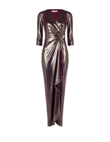 Vestido longo acetinado drapeado com detalhe de jóia e decote em V Rinascimento