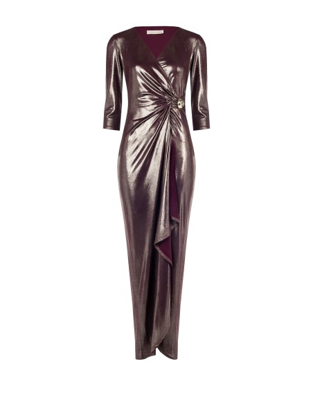 Vestido longo acetinado drapeado com detalhe de jóia e decote em V Rinascimento