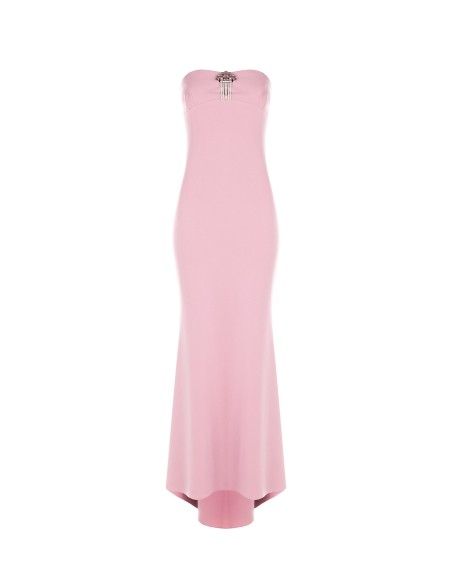 Vestido longo corte sereia em scuba crepe com broche-joia Rinascimento