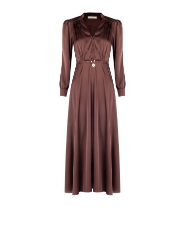 Vestido Longo com Saia Rodada em Cetim com Cinto Coordenado e Pendente com Logótipo Rinascimento