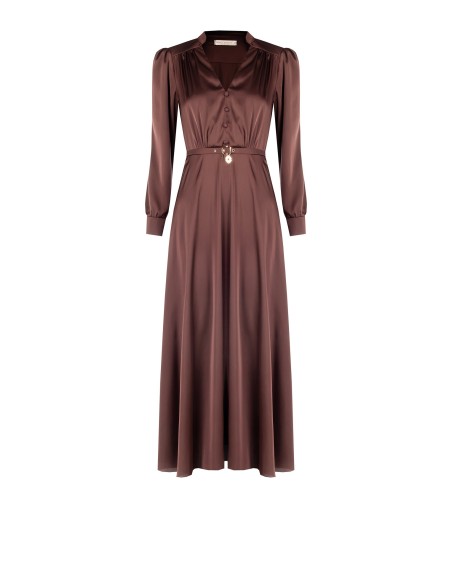 Vestido Longo com Saia Rodada em Cetim com Cinto Coordenado e Pendente com Logótipo Rinascimento