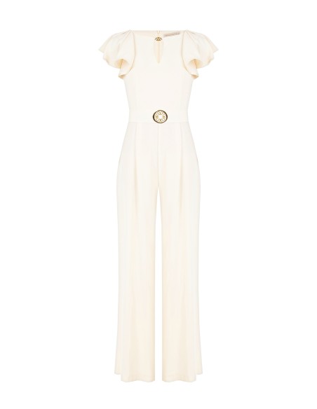 Macacão palazzo em tecido fluido com cut-out em gota e cinto rígido com logótipo coordenado Rinascimento