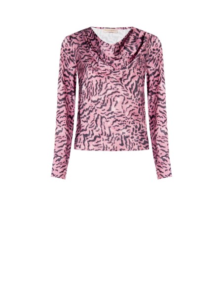 Blusa ampla em cetim com estampa animal e decote drapeado Rinascimento