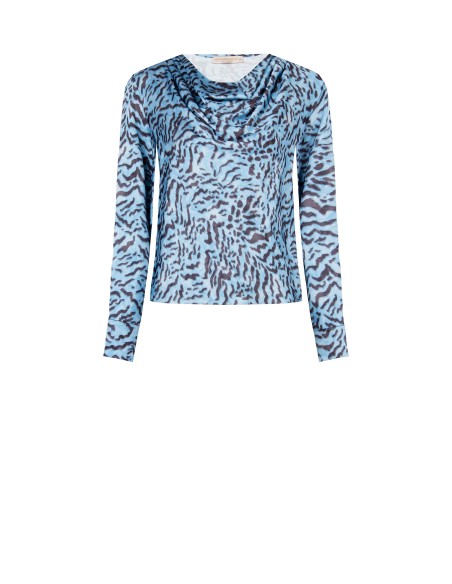 Blusa ampla em cetim com estampa animal e decote drapeado Rinascimento