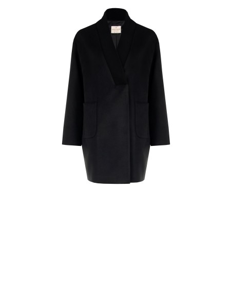 Casaco médio a ovetto em veludo com decote em malha Rinascimento