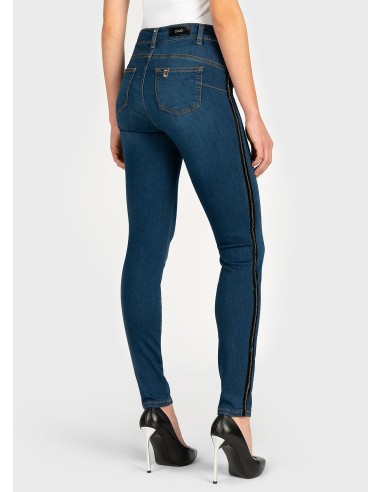 Denim de Cintura Alta com Cristais na Faixa Lateral