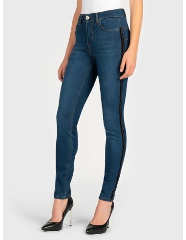 Denim de Cintura Alta com Cristais na Faixa Lateral