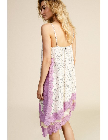 Vestido curto estampado de poás com inserções em renda Dixie