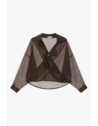 Camisa Semitransparente com Renda e Colarinho Clássico Dixie