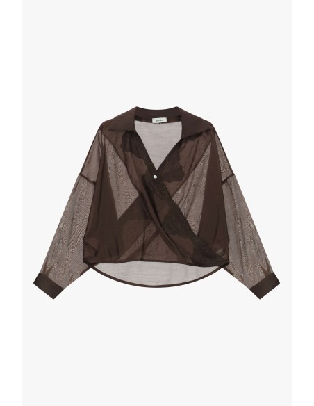 Camisa Semitransparente com Renda e Colarinho Clássico Dixie