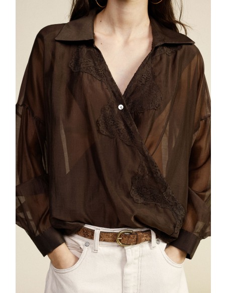 Camisa Semitransparente Com Renda E Colarinho Clássico Dixie