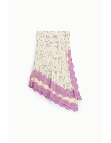 Saia midi com estampa de bolinhas e barra em renda Dixie