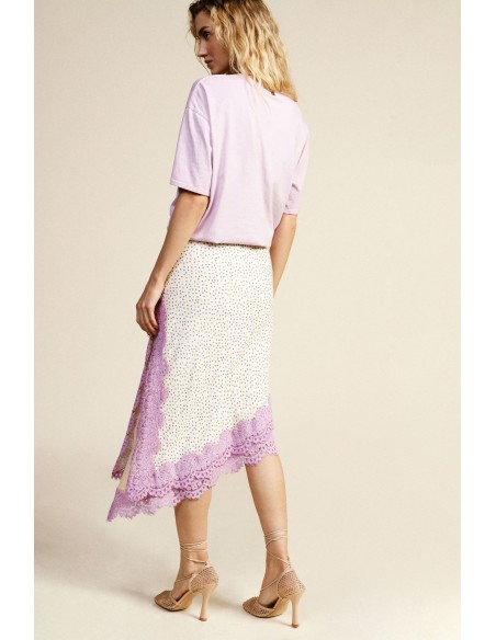 Saia Midi Estampa de Poás com Borda em Renda Dixie