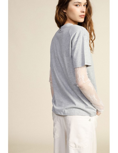 T-shirt de gola redonda com mangas compridas em tule bordado Dixie