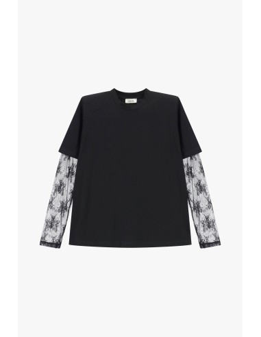 T-Shirt de Gola Redonda com Mangas Compridas em Tule Bordado Dixie