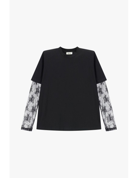 T-Shirt de Gola Redonda com Mangas Compridas em Tule Bordado Dixie