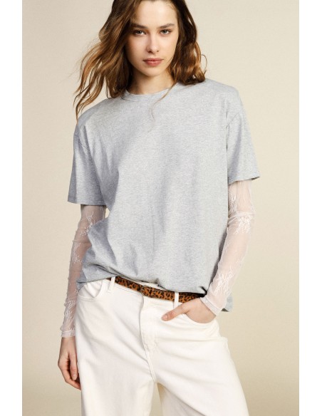 T-shirt de gola redonda com mangas compridas em tule bordado Dixie
