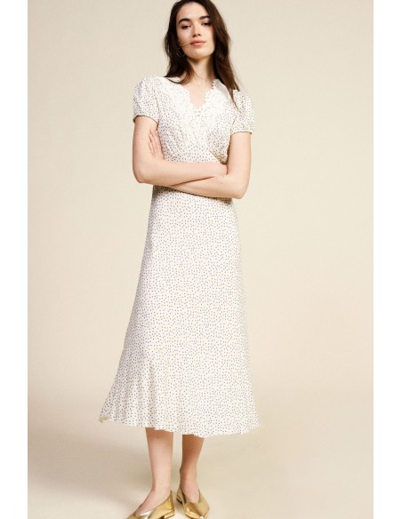 Vestido Longo Estampa Micro Poás Decote em V Dixie