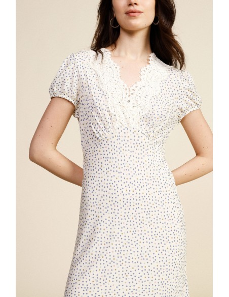 Vestido longo estampado com micro poás e decote em V Dixie