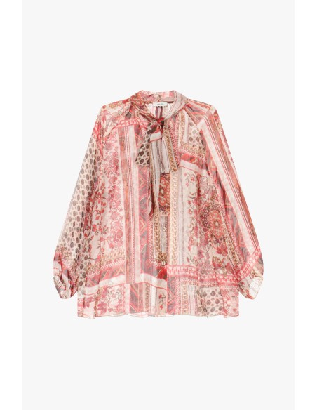 Blusa Ampla Estampada com Laço no Pescoço Dixie