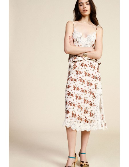 Saia midi floral com barra em renda Dixie