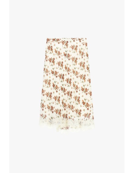Saia midi floral com barra em renda Dixie