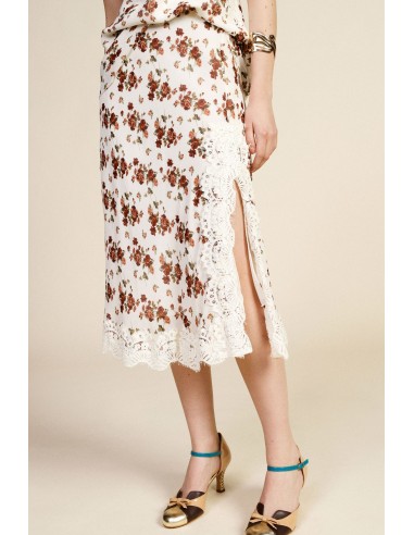 Saia Midi Floral com Acabamento em Renda Dixie